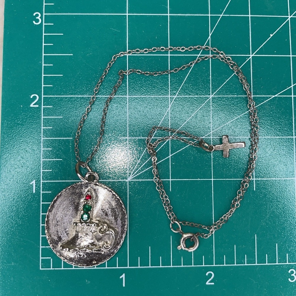 Vintage 3D‎ Christmas Candle Pendant Coin Red Green Rhinestone Silver Tone